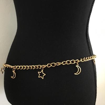 Vintage Gold tone chain waist belt with moon and star charms