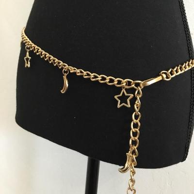 Vintage Gold tone chain waist belt with moon and star charms