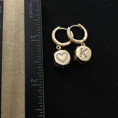 Super cute, monogram, k and heart, hoop dangle earrings