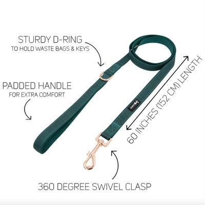 Sassy Woof 5' Dog Leash w/Sturdy D-Ring & 360 Degree Swivel Clasp in Forest Green & Rose Gold Hardware