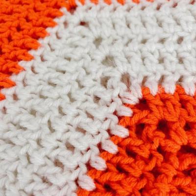 Vintage Mid Century Neon Orange & White Chevron Stripe Hand Crochet Knitted Throw Blanket