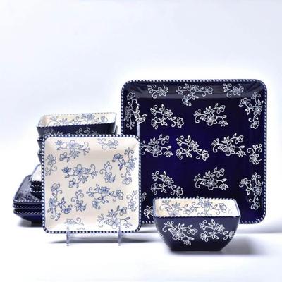 12-Piece Ceramic Temptations by Tara Navy Blue & White Floral Dinnerware Set in Square - Dinner Plates 10.5" x 10.5" x...
