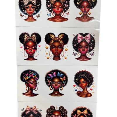 Set of 12 Large 3.5" African American Woman Stickers w/Butterflies, Bows, Beautiful Accessories