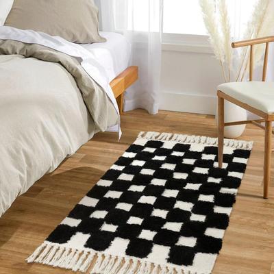 Black & White Checkered Washable Boho Checkerboard Tufted Cotton Rug with Tassels - 24" x 42"