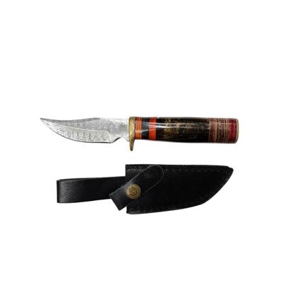 B - Brown & Orange Handle Handmade Damascus Steel Fixed Blade Knife w/Brass Bolster & End Cap w/Leather Case - Military Hunting...