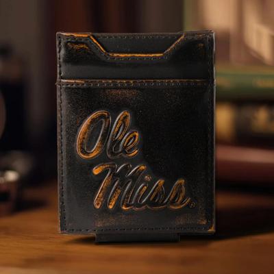 Ole Miss Rebels Men's Collegiate Magnetic Front Pocket Leather Wallet. Brown Burnished Full Grain Finish With Large Debossed Logo