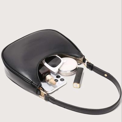 Black PU Faux Leather Crescent Shaped Bright Surface Shoulder Handbag Purse for Women w/Zipper Closure & Brass Hardware