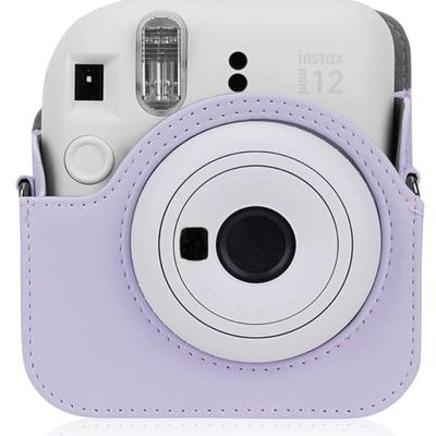 Lilac Purple Lavender PU Leather Camera Case Compatible with Instax Mini 12 Instant Camera with Adjustable Strap and Pocket