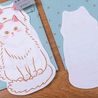 White Long Haired Cat Die-Cut Animal Notecards - Cat Design on Front w/Subtle Gray Lines for Writing on Back - Includes 6 Sheets & 3...
