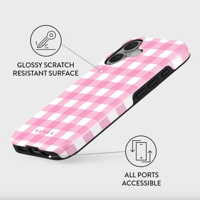 iPhone 16 BURGA Phone Case in Think Pink Gingham - Double Layer Shock Absorbent Protection, Scratch Resistant, Raised Bezels