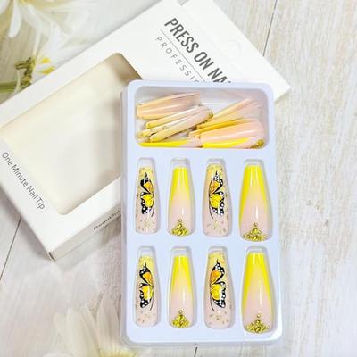 E - Butterfly Press on Nails Long Coffin Fake Nails Full Cover False Nails with Glitter Designs Rhinestones Glue on Nails Spring Acrylic...