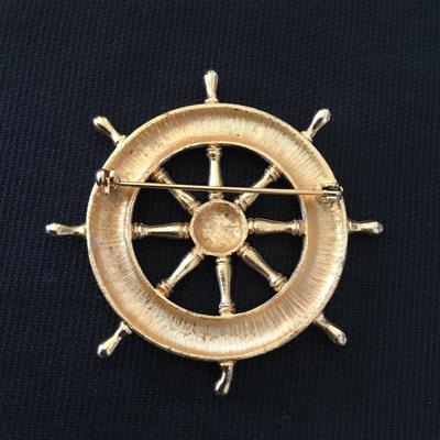 Vintage, red white and blue enamel ships wheel brooch