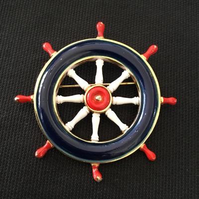 Vintage, red white and blue enamel ships wheel brooch