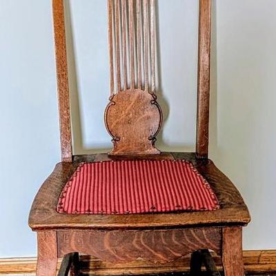 LOT 3Y: Antique/Vintage Tiger Wood Library Desk & Hand Carved Spindle Back Upholstered Chair