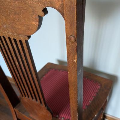 LOT 3Y: Antique/Vintage Tiger Wood Library Desk & Hand Carved Spindle Back Upholstered Chair