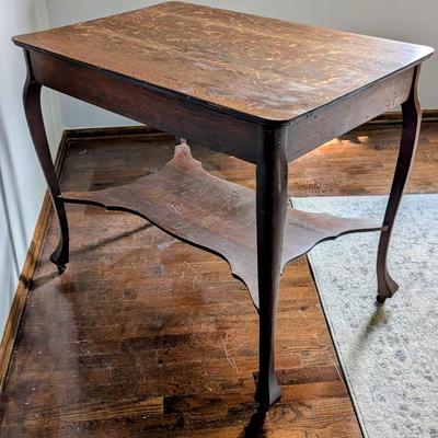 LOT 3Y: Antique/Vintage Tiger Wood Library Desk & Hand Carved Spindle Back Upholstered Chair