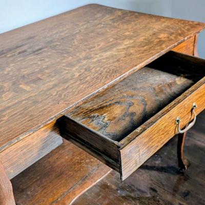 LOT 3Y: Antique/Vintage Tiger Wood Library Desk & Hand Carved Spindle Back Upholstered Chair