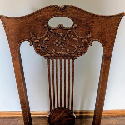 LOT 3Y: Antique/Vintage Tiger Wood Library Desk & Hand Carved Spindle Back Upholstered Chair