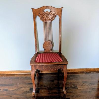 LOT 3Y: Antique/Vintage Tiger Wood Library Desk & Hand Carved Spindle Back Upholstered Chair