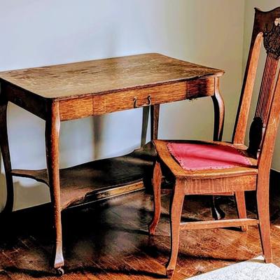 LOT 3Y: Antique/Vintage Tiger Wood Library Desk & Hand Carved Spindle Back Upholstered Chair