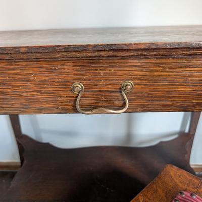 LOT 3Y: Antique/Vintage Tiger Wood Library Desk & Hand Carved Spindle Back Upholstered Chair