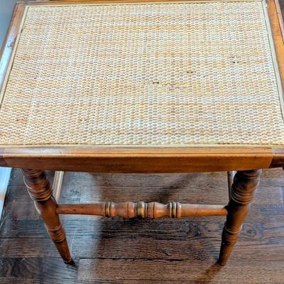 LOT 7M: Pair Of Vintage Blush Ruffled Chenille Slipper Chairs & Wood Cane Top Table