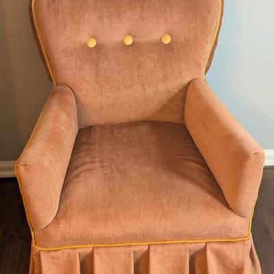 LOT 7M: Pair Of Vintage Blush Ruffled Chenille Slipper Chairs & Wood Cane Top Table