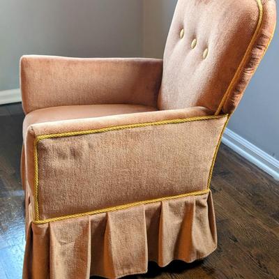 LOT 7M: Pair Of Vintage Blush Ruffled Chenille Slipper Chairs & Wood Cane Top Table