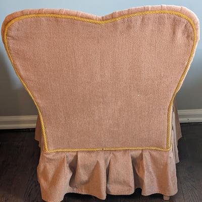 LOT 7M: Pair Of Vintage Blush Ruffled Chenille Slipper Chairs & Wood Cane Top Table