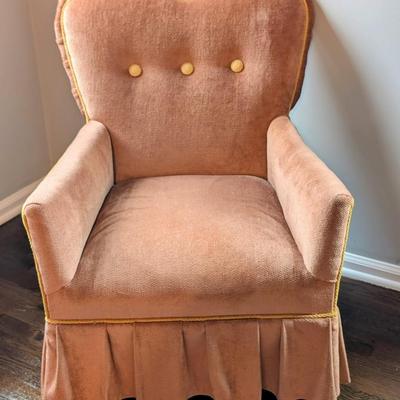 LOT 7M: Pair Of Vintage Blush Ruffled Chenille Slipper Chairs & Wood Cane Top Table