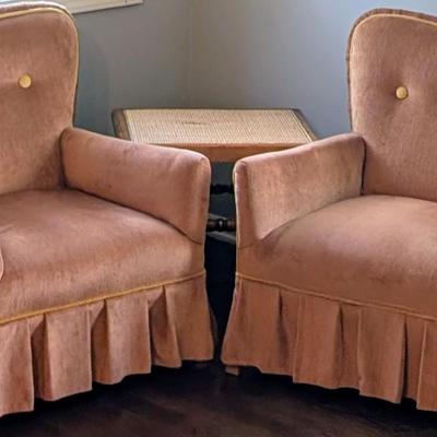 LOT 7M: Pair Of Vintage Blush Ruffled Chenille Slipper Chairs & Wood Cane Top Table