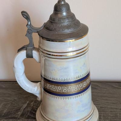 LOT 15K: Vintage German Porcelain Pewter Lidded Lithographed Beer Steins