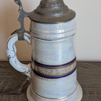 LOT 15K: Vintage German Porcelain Pewter Lidded Lithographed Beer Steins