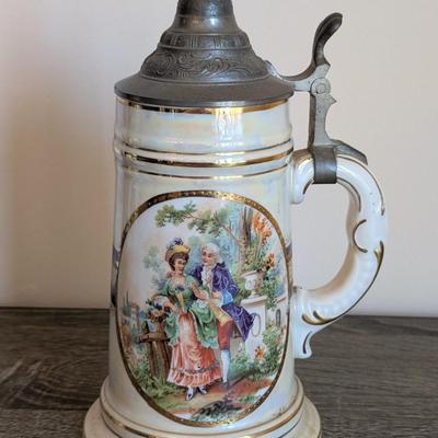 LOT 15K: Vintage German Porcelain Pewter Lidded Lithographed Beer Steins