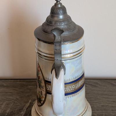 LOT 15K: Vintage German Porcelain Pewter Lidded Lithographed Beer Steins