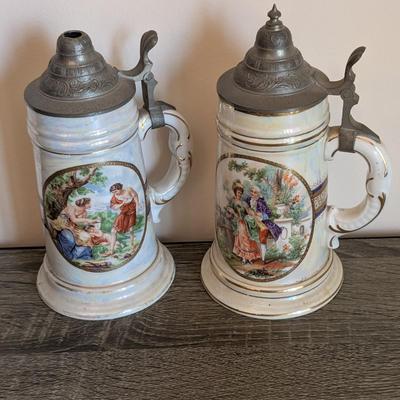 LOT 15K: Vintage German Porcelain Pewter Lidded Lithographed Beer Steins