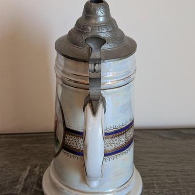 LOT 15K: Vintage German Porcelain Pewter Lidded Lithographed Beer Steins