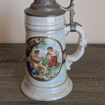 LOT 15K: Vintage German Porcelain Pewter Lidded Lithographed Beer Steins