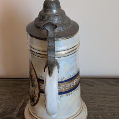 LOT 15K: Vintage German Porcelain Pewter Lidded Lithographed Beer Steins