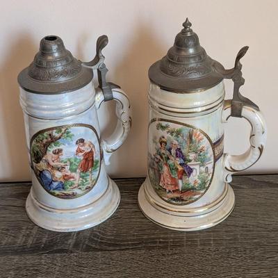 LOT 15K: Vintage German Porcelain Pewter Lidded Lithographed Beer Steins