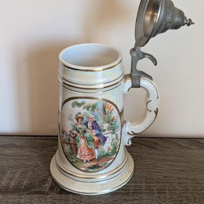 LOT 15K: Vintage German Porcelain Pewter Lidded Lithographed Beer Steins