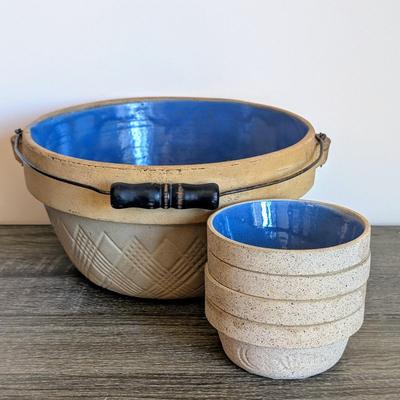 LOT 16K: Antique "The New German" Pottery American Farmhouse Primitive Style Salt Glaze Stoneware Mixing Bowl w/ Handle &...