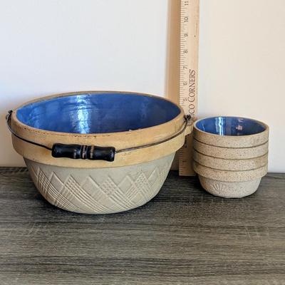 LOT 16K: Antique "The New German" Pottery American Farmhouse Primitive Style Salt Glaze Stoneware Mixing Bowl w/ Handle &...