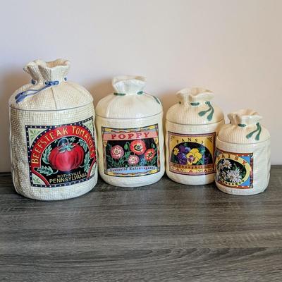 LOT 18K: Vintage Hearth And Home Burlap Sack Ceramic Canister Set Of 4