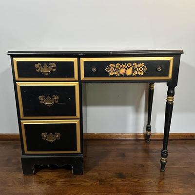 LOT 21Z: Pre 1950s Hand Painted Writing Desk & Colonial Hand Painted Ladderback Chair w/ Rush Seat