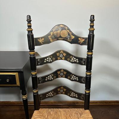 LOT 21Z: Pre 1950s Hand Painted Writing Desk & Colonial Hand Painted Ladderback Chair w/ Rush Seat