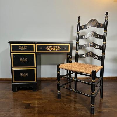 LOT 21Z: Pre 1950s Hand Painted Writing Desk & Colonial Hand Painted Ladderback Chair w/ Rush Seat