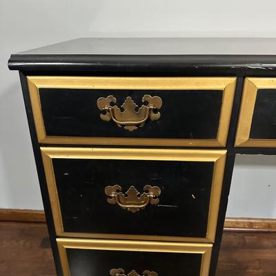 LOT 21Z: Pre 1950s Hand Painted Writing Desk & Colonial Hand Painted Ladderback Chair w/ Rush Seat