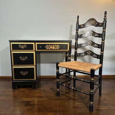 LOT 21Z: Pre 1950s Hand Painted Writing Desk & Colonial Hand Painted Ladderback Chair w/ Rush Seat