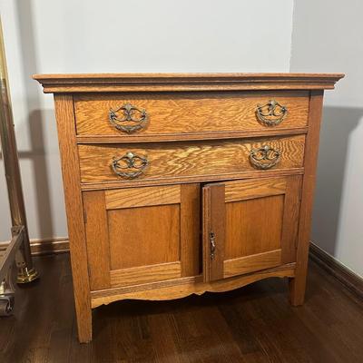 LOT 22Z: Antique Tiger Oak 2 Drawer 2 Door Side Table